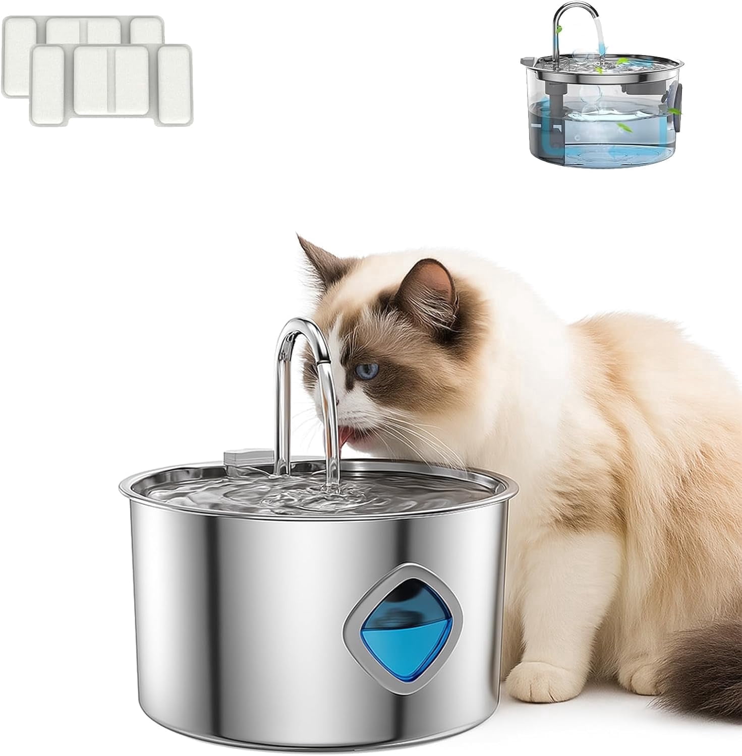 2026 New Water Fountain, 3.2l/108 oz Cat Filtered-Water Fountain, Stainless Steel Dogs Fountains with Visual Level & Quiet Pump