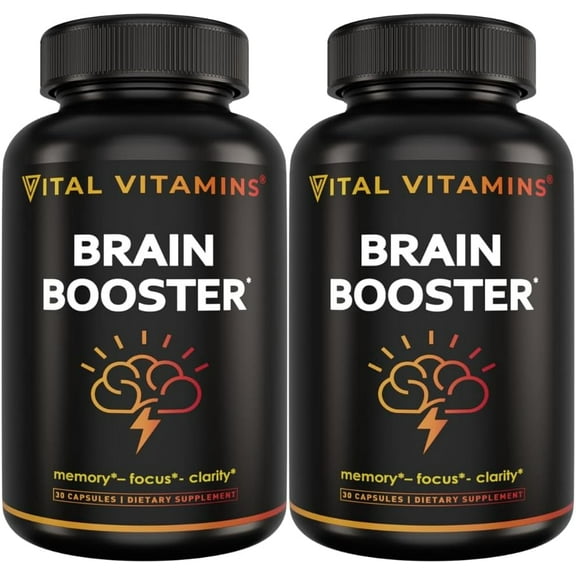 Vital Vitamins Brain Supplements for Memory and Focus (2-Pack) Nootropic Brain Booster with Ginkgo Biloba, Rhodiola, B12  Caffeine-Free Support for Adults & Seniors  60-Day Supply