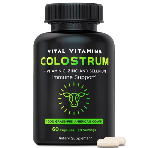 Vital Vitamins Colostrum Supplement with Vitamin C, Zinc & Selenium  Immune & Gut Health Support  100% Grass-Fed Cows  60 Capsules