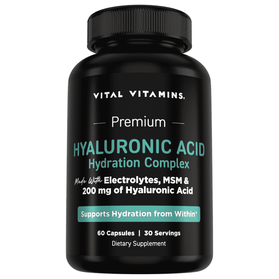 Vital Vitamins Hyaluronic Acid Supplement Hydration Complex - with Hyaluronic Acid, MSM, Vitamin C, Coconut Water Powder, & Silica - Skin Hydration Supplements - Non-GMO - 60 Capsules, 30 Servings