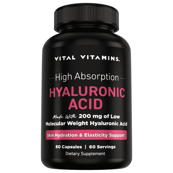 Vital Vitamins Hyaluronic Acid Supplements - Made with 200mg of Low Molecular Weight Hyaluronic Acid - Supports Skin Hydration & Elasticity from Within - 60 Capsules, 60 Servings