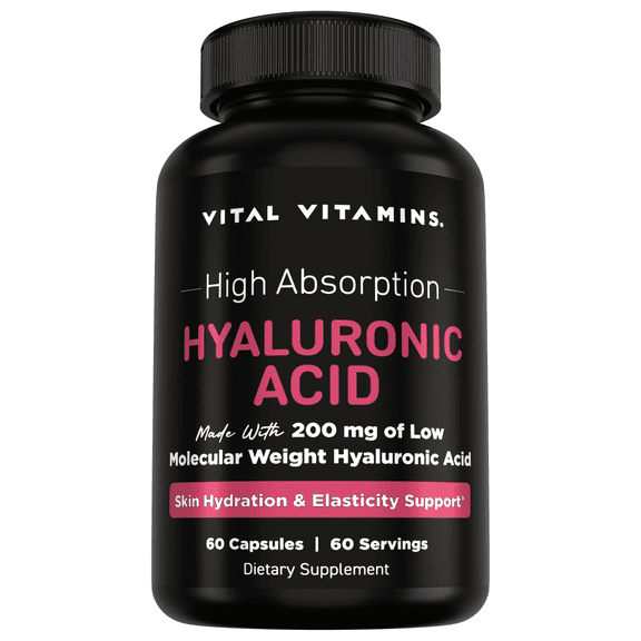Vital Vitamins Hyaluronic Acid Supplements - Made with 200mg of Low Molecular Weight Hyaluronic Acid - Supports Skin Hydration & Elasticity from Within - 60 Capsules, 60 Servings