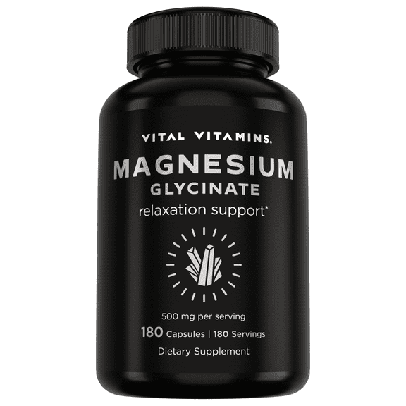 Vital Vitamins Magnesium Glycinate Supplement 500mg, Supports Relaxation, Calmness, and Sleep, Vegan Non-GMO, 180 Capsules