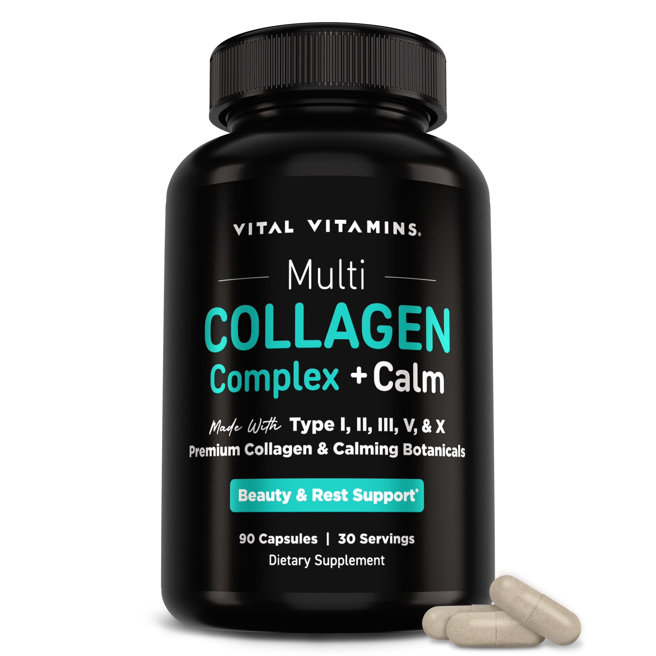 Vital Vitamins Multi Collagen Complex + Calm - 5 Collagen Types (I, II, III, V & X) for Skin, Hair, Nails & Joints - L-Theanine, Ashwagandha & Magnesium Glycinate - Melatonin-Free Relaxation - 90 Ct
