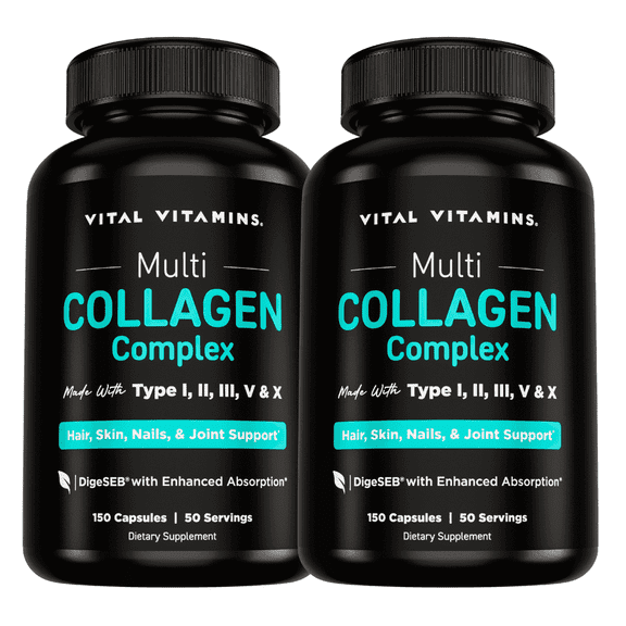 Vital Vitamins Multi Collagen Complex Capsules - Type I, II, III, V, X - Hair, Skin, Nails - 300 Count