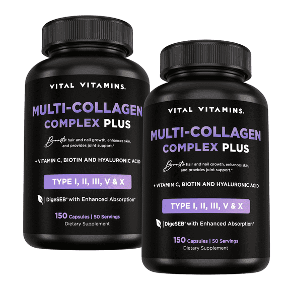 Vital Vitamins Multi Collagen Complex Plus - Biotin, HA, Vit C - Hair, Skin, Nails, Joints - 300 Count