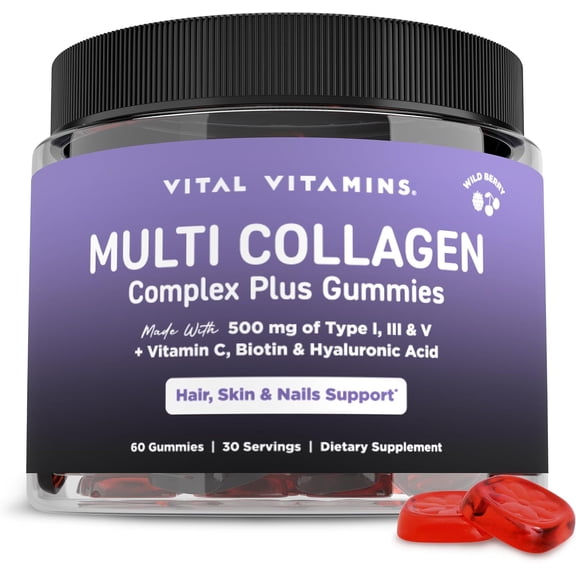 Vital Vitamins Multi Collagen Complex Plus Gummies - Collagen Peptides Types I, III & V with Hyaluronic Acid, Biotin, Vitamin C & Vitamin D - Hair, Skin & Nail Support - Wild Berry - 60 Count