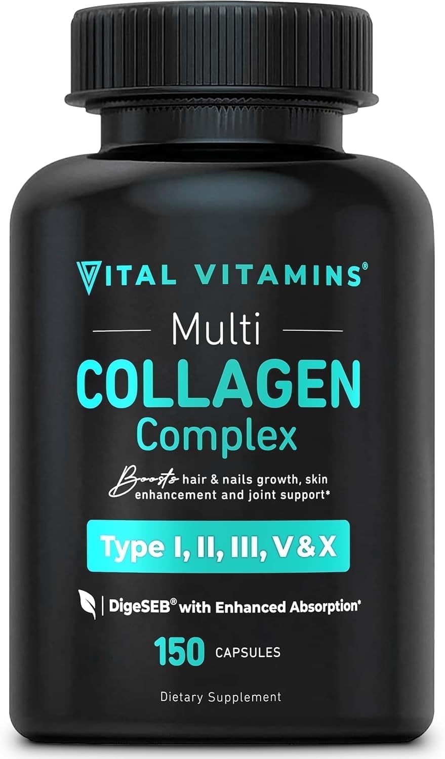Vital Vitamins Multi Collagen Complex Capsules - Type I, II, III, V, X - Hair, Skin, Nails - 150 Ct