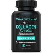 Vital Vitamins Multi Collagen Complex Capsules - Type I, II, III, V, X - Hair, Skin, Nails - 150 Ct