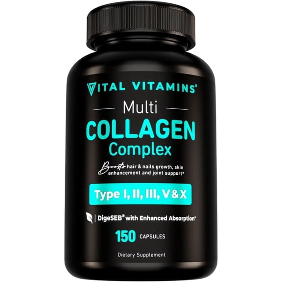 Vital Vitamins Multi Collagen Complex Capsules - Type I, II, III, V, X - Hair, Skin, Nails - 150 Ct