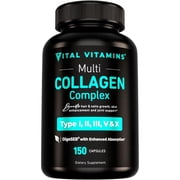 Vital Vitamins Multi Collagen Complex Capsules - Type I, II, III, V, X - Hair, Skin, Nails - 150 Ct