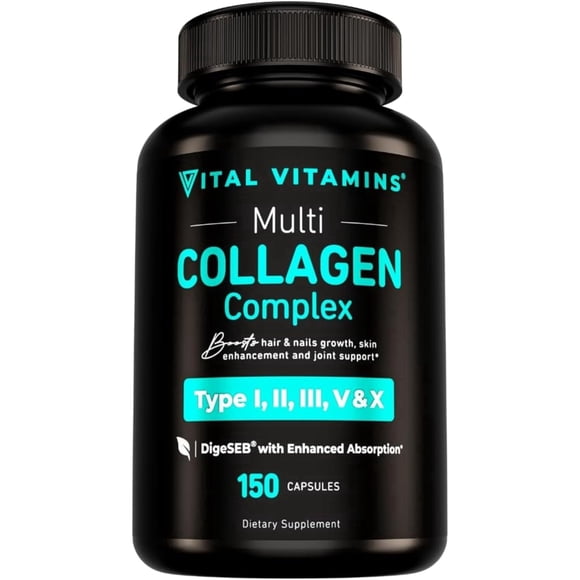 Vital Vitamins Multi Collagen Complex Capsules - Type I, II, III, V, X - Hair, Skin, Nails - 150 Ct