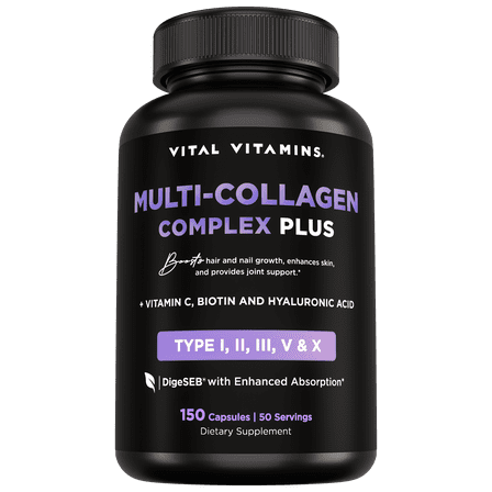 Vital Vitamins Multi Collagen Complex Plus - Biotin, HA, Vit C - Hair, Skin, Nails, Joints - 150 Count