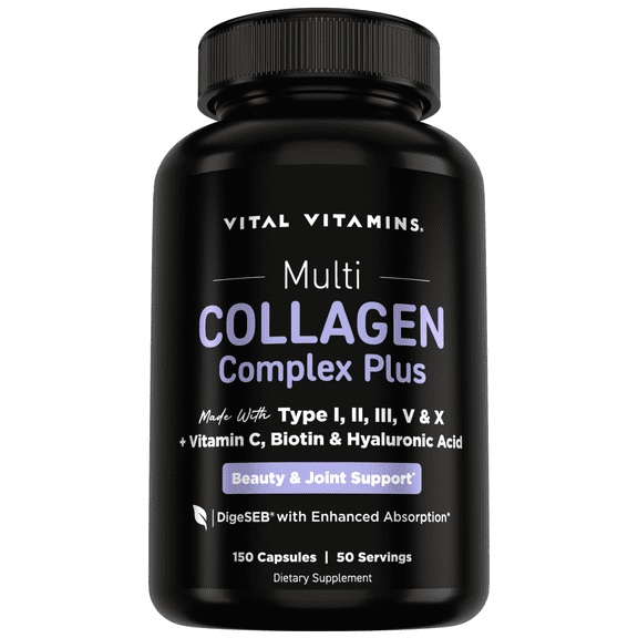 Vital Vitamins Multi Collagen Complex Plus - Biotin, HA, Vit C - Hair, Skin, Nails, Joints - 150 Count