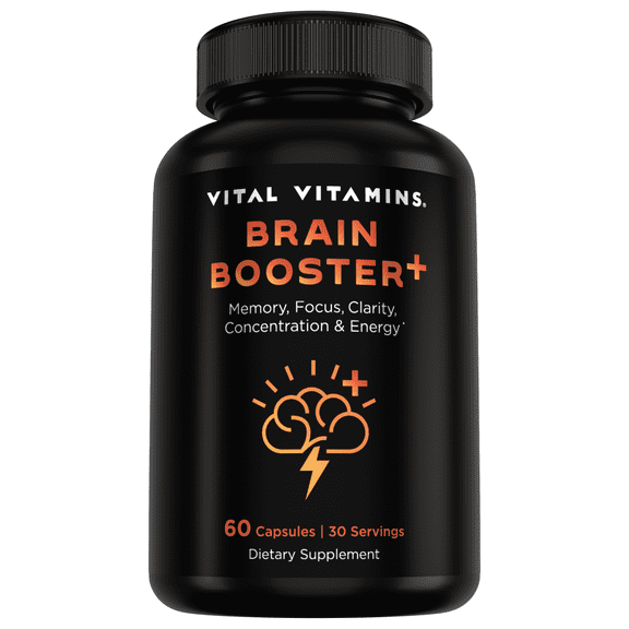 Vital Vitamins Brain Booster+ Nootropic Supplement with Lions Mane & Ginkgo for Focus, Memory, Clarity & Energy 60 Capsules