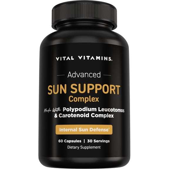 Vital Vitamins Sun Support Complex Supplement - Made with Polypodium Leucotomos, Carotenoid Complex, Astaxanthin, & Lutein - Internal Sun Defense & UV Oxidative Stress Support - 60 Capsules