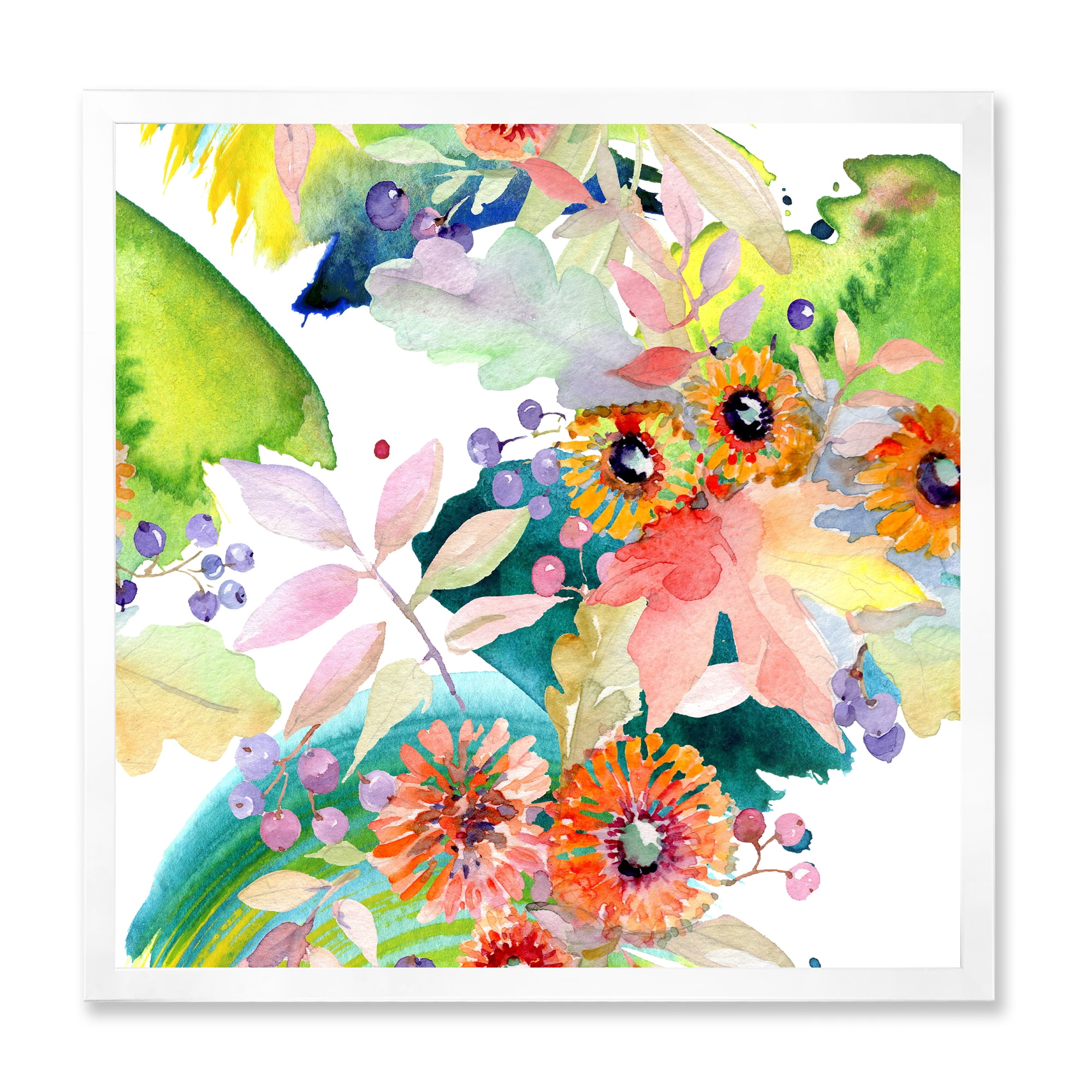 Vital Wild Spring Leaves and Wildflowers III 30 in x 30 in Framed Painting Canvas Art Print, by Designart