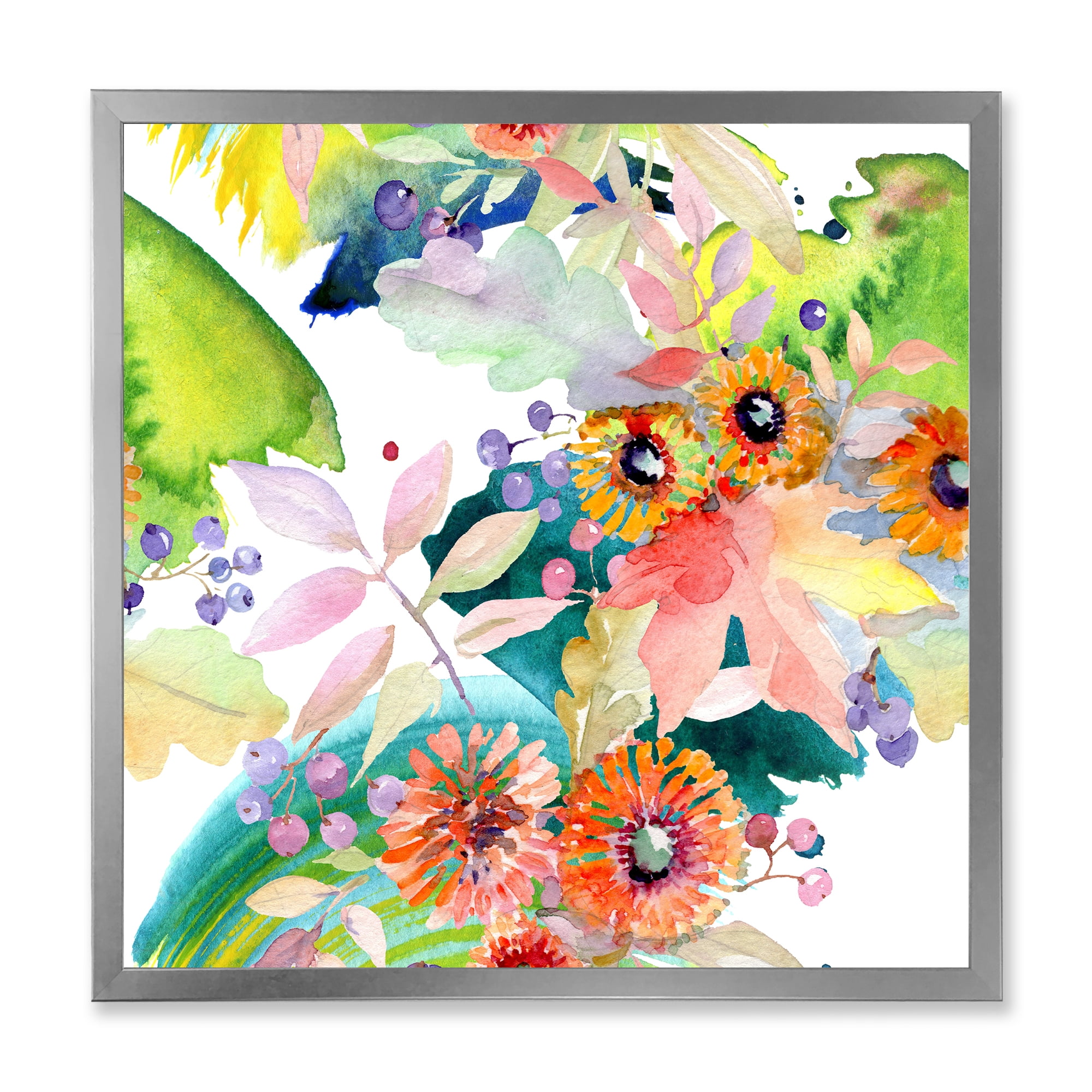 Vital Wild Spring Leaves and Wildflowers III 36 in x 36 in Framed Painting Canvas Art Print, by Designart
