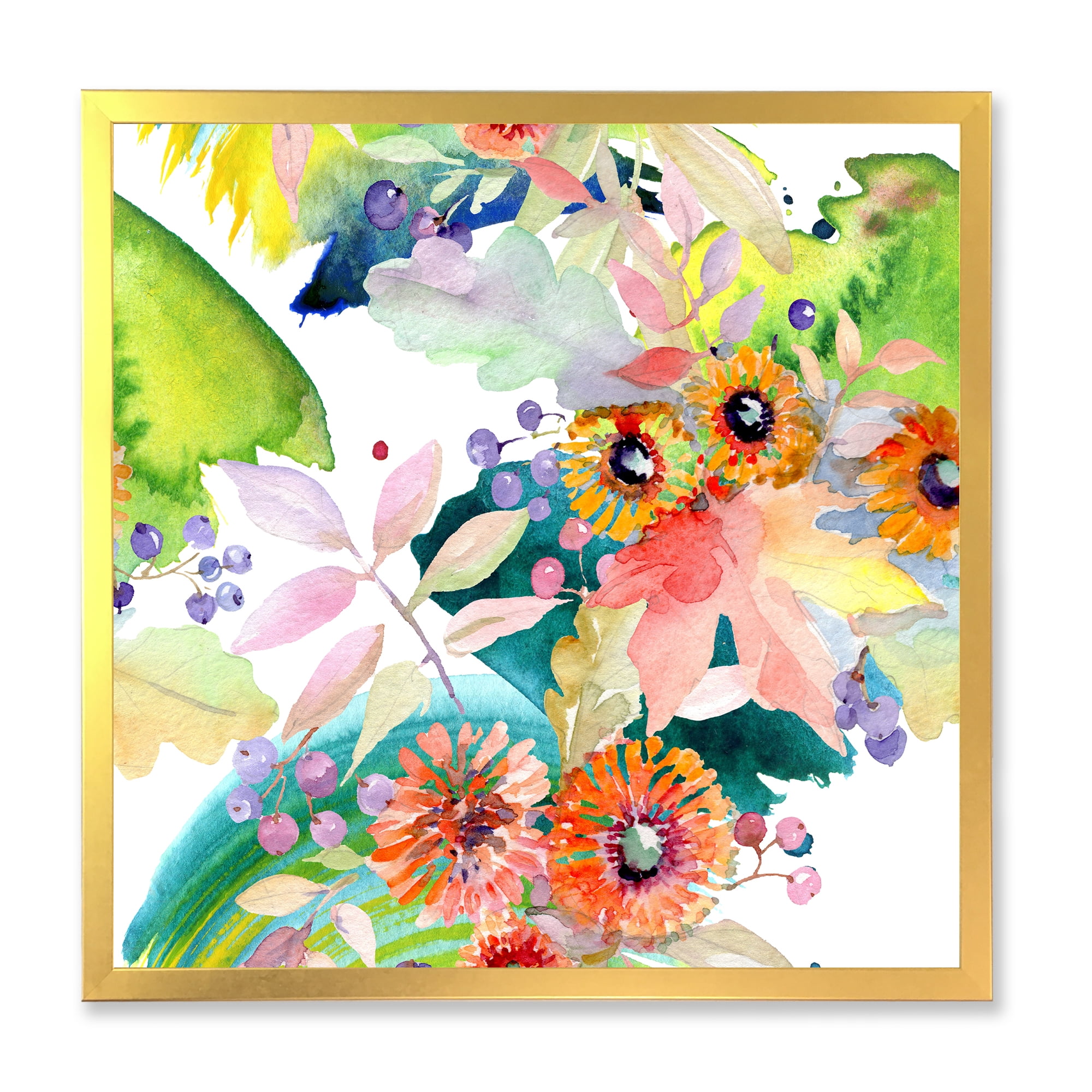 Vital Wild Spring Leaves and Wildflowers III 36 in x 36 in Framed Painting Canvas Art Print, by Designart