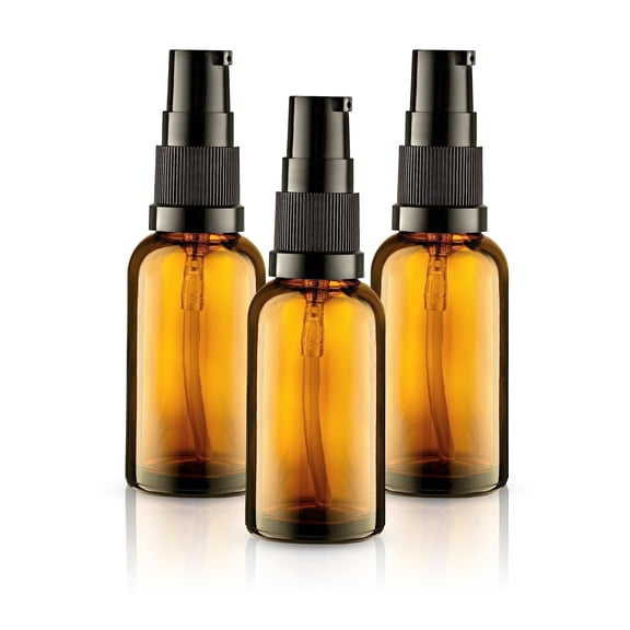 VitalUp 3 Pack Empty Refillable Glass Amber Pump Bottle Ideal for Lotion Cream Essential Oil Travel Small Container, 30ml