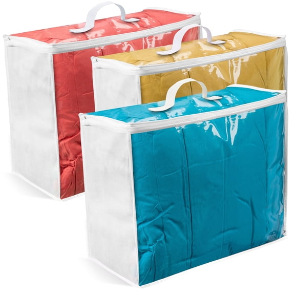 VitalUp 3 pack Clear Plastic Storage Bag with Zipper, Foldable Moving Bag for Comforters, Blankets, Bedding, Storage Containers, Breathable, Durable Clothes and Duvet Closet Organizers, 18x15x9