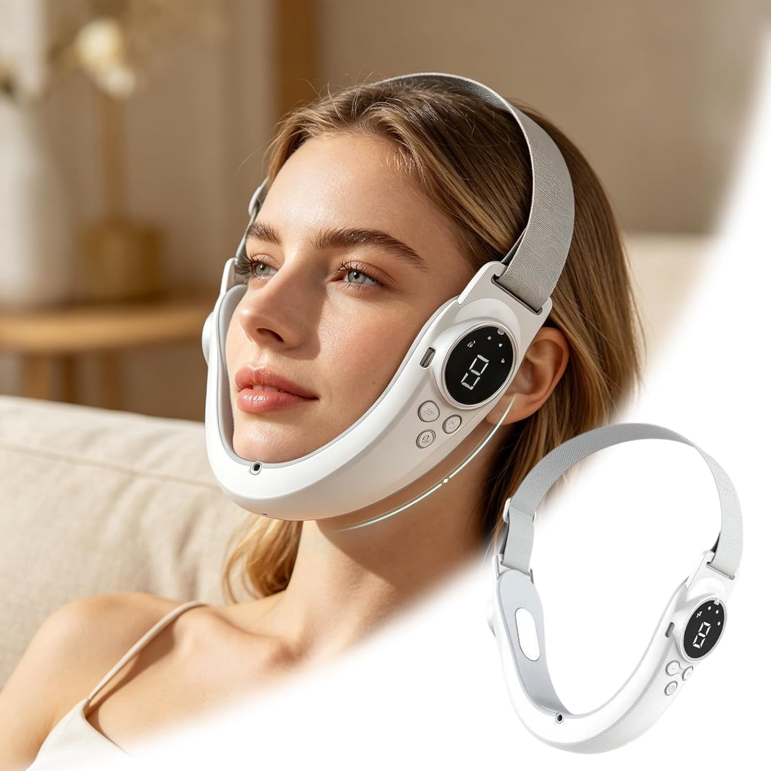 Vitala V Line Lifting Device and Double Chin Reducer, Electric Facial Massager with 8 Modes and 15 Intensities for V Face Contouring (1 Count, White)