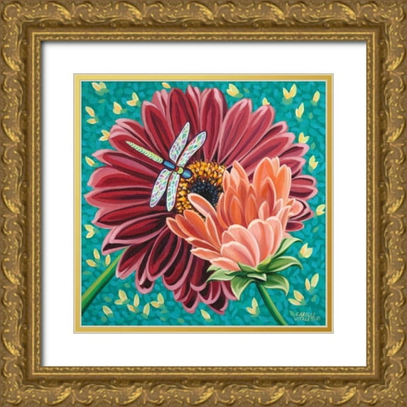 Vitaletti, Carolee 12x12 Gold Ornate Wood Framed with Double Matting Museum Art Print Titled - Dragonfly on Blooms II