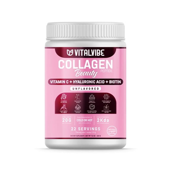 Vitalvibe Hydrolyzed Bovine Collagen Peptides 22 Servings Grass-Fed, Vitamin C, Hyaluronic Acid & Biotin, Supports Skin, Hair, Nails & Joint Health Unflavored, Easy to Mix