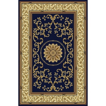 Vitaly Wharton Area Rug 1419 Navy Blue Scrolls Vines 2' 2" x 8' Rectangle
