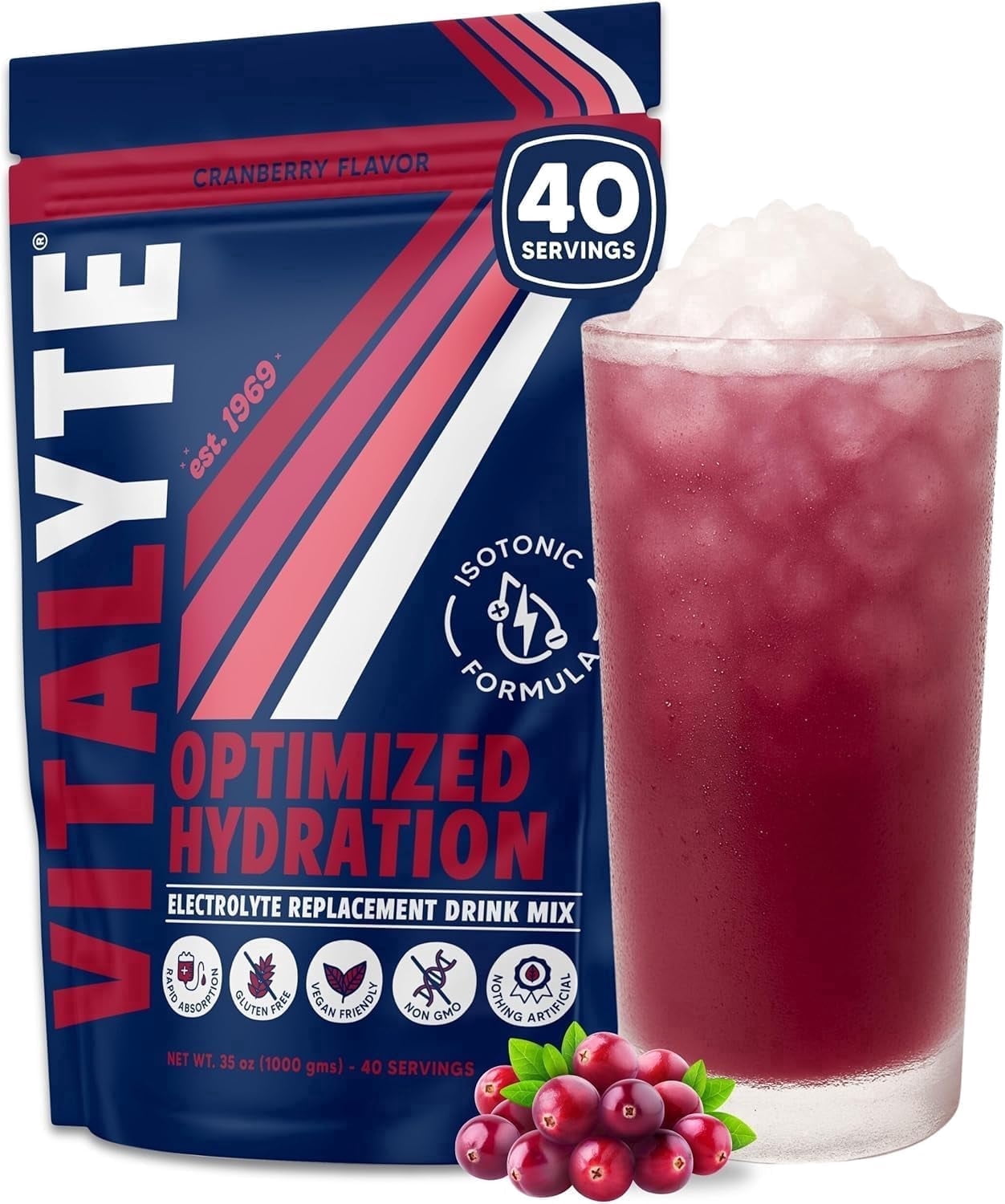 Vitalyte Cranberry Frost Electrolyte Powder Mix, Isotonic Hydration, 80 Servings (2-pack, 35 oz each)