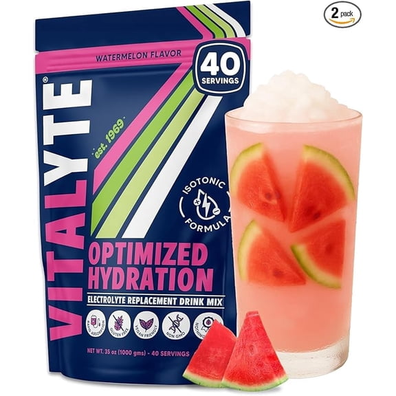 Vitalyte Watermelon Electrolyte Powder Mix, Isotonic Hydration, 80 Servings (2-pack, 35 oz Each)