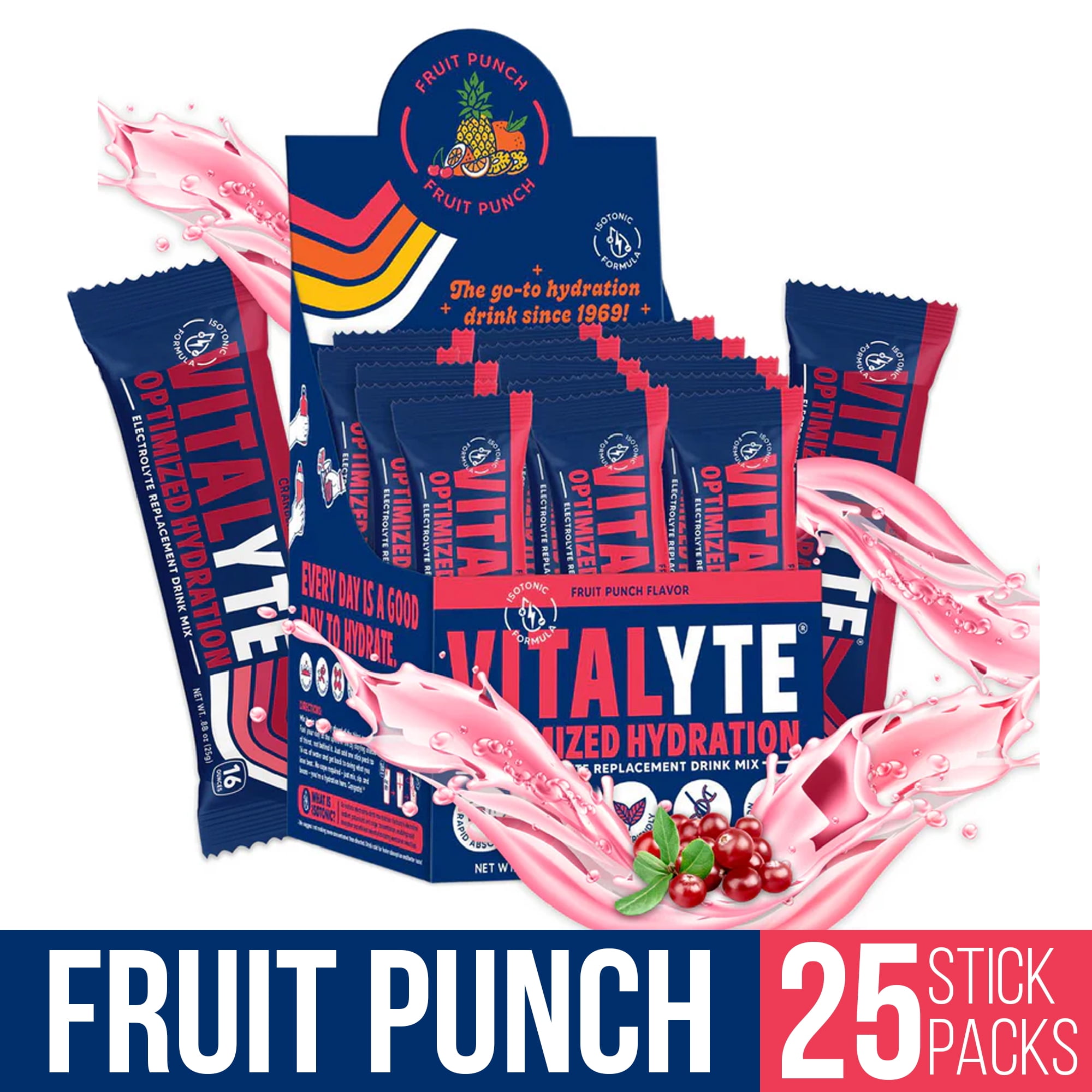 Vitalyte Fruit Punch Electrolyte Powder Packets Mix, Isotonic Hydration, 25 Single Serving Stick Packet