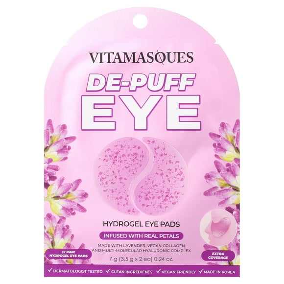 Vitamasques De-Puff Hydrogel Eye Pads, with Lavender & Vegan Collagen, 1 Pair
