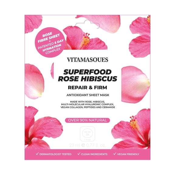 Vitamasques Superfood Rose Hibiscus Sheet Mask, Repair & Firm, for All Skin Types, One Sheet Mask