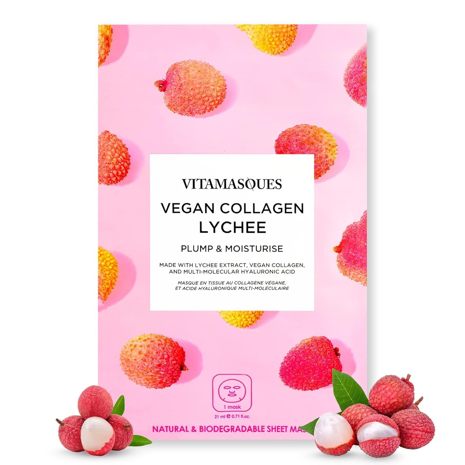 Vitamasques Vegan Collagen Lychee Face Sheet Mask Plumping & Moisturizing Facial Mask with