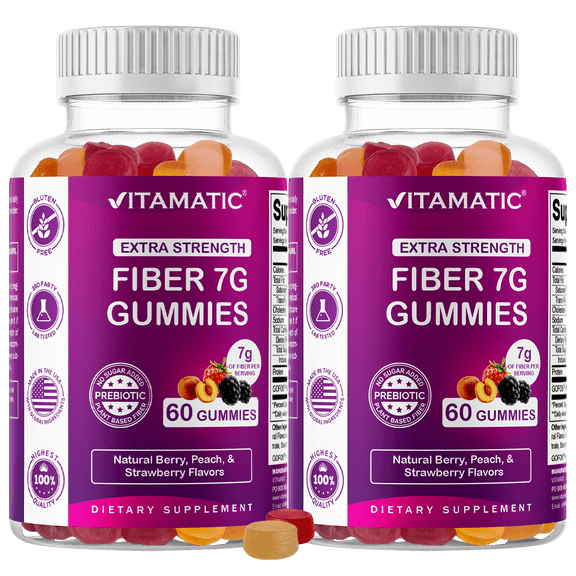 Vitamatic | 2 Pack Prebiotic Fiber Gummies for Adults - 7G Fiber Extra Strength - Zero Sugar Added - 60 Pectin Based Gummies - Digestive Health & Regularity Support