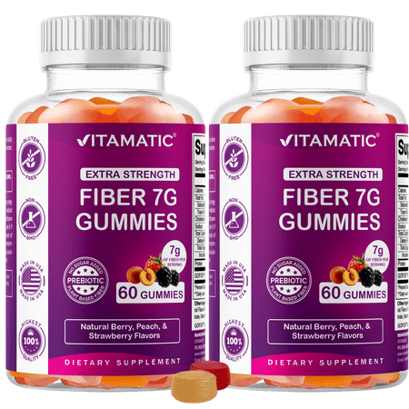 Vitamatic | 2 Pack Prebiotic Fiber Gummies for Adults - 7G Fiber Extra Strength - Zero Sugar Added - 60 Pectin Based Gummies - Digestive Health & Regularity Support