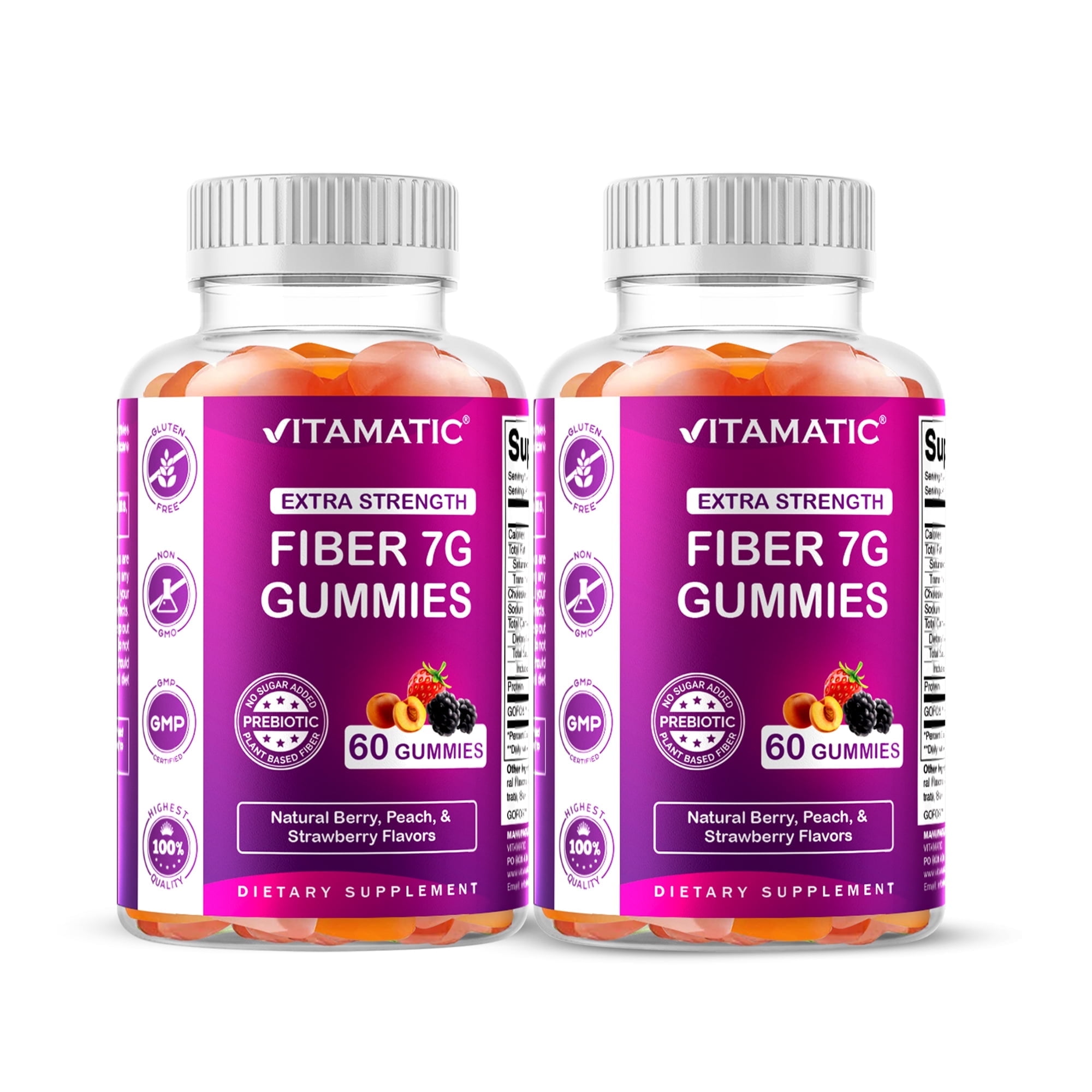 Vitamatic | 2 Pack Prebiotic Fiber Gummies for Adults - 7G Fiber Extra Strength - Zero Sugar Added - 60 Pectin Based Gummies - Digestive Health & Regularity Support