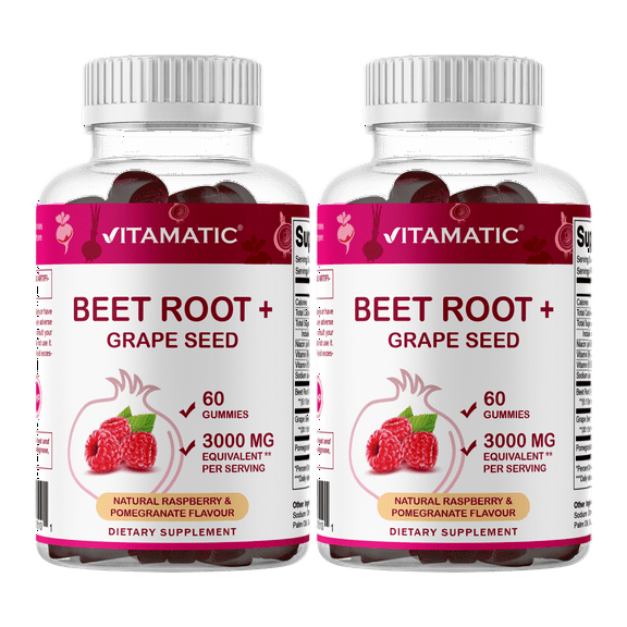 Vitamatic 2 Packs Beet Root Gummies - 3000 mg Equivalent Per Serving - 60 Gummies - Made with Vitamin B6, B12, Grape Seed, Pomegranate & Nicotinamide (Total 120 Gummies)