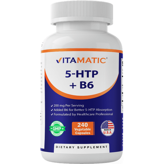 Vitamatic 5-HTP 200mg with B6 5mg Per Serving - 240 Vegetarian Capsules (5-Hydroxytryptophan) - (Griffonia Simplicifolia Seed Extract)