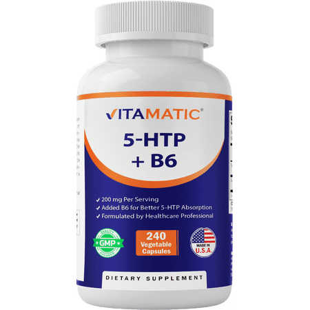 Vitamatic 5-HTP 200mg with B6 5mg Per Serving - 240 Vegetarian Capsules (5-Hydroxytryptophan) - (Griffonia Simplicifolia Seed Extract)