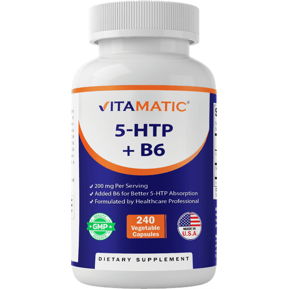 Vitamatic 5-HTP 200mg with B6 5mg Per Serving - 240 Vegetarian Capsules (5-Hydroxytryptophan) - (Griffonia Simplicifolia Seed Extract)