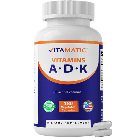 Vitamatic ADK Vitamin Supplement, 180 Veg Capsules, High Potency Vitamins A, D3, K2 for Bone Health, Calcium Absorption, Non-GMO, Gluten Free