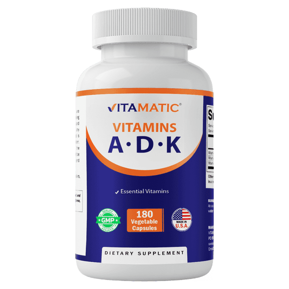 Vitamatic ADK Vitamin Supplement, 180 Veg Capsules, High Potency Vitamins A, D3, K2 for Bone Health, Calcium Absorption, Non-GMO, Gluten Free