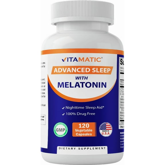 Vitamatic Advanced Sleep Aid with Melatonin - 120 Vegetable Capsules - Made with B6, Magnesium, L-Theanine, L-Tryptophan, 5-HTP, GABA, Valerian, Chamomile, Passion Flower, Ashwagandha & Black Pepper