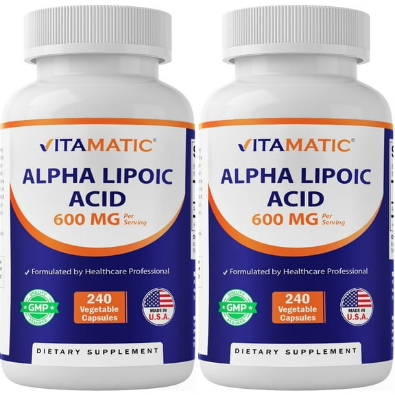Vitamatic Alpha Lipoic Acid (ALA) 600mg Per Serving - 240 Vegetable Capsules - 120 Servings - Non-GMO & Gluten Free - 2 Pack