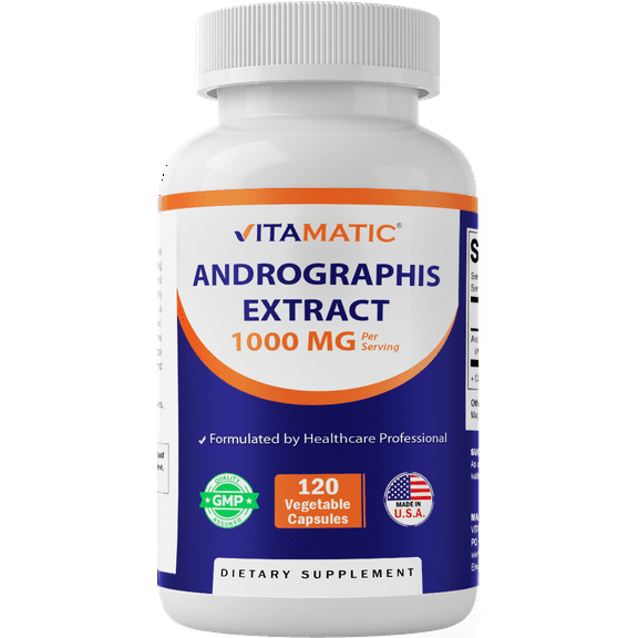 Vitamatic Andrographis Extract 1000 mg Per Serving - 120 Veg Capsules - 20X Extract, 100% Vegetarian, All-Natural, Gluten Free, Non-GMO
