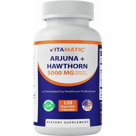 Vitamatic Arjuna 2500mg + Hawthron 2500 mg - 120 Vegetable Capsules - Made in The USA - Non-GMO & Gluten Free