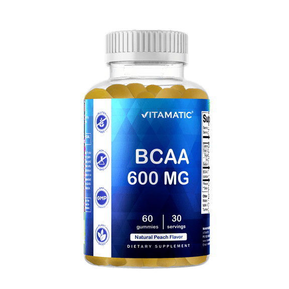 Vitamatic BCAA Gummies - Branch Chain Amino Acid Supplements - Peach Flavor - 600mg per Serving - 60 Vegan Pectin Based Gummies