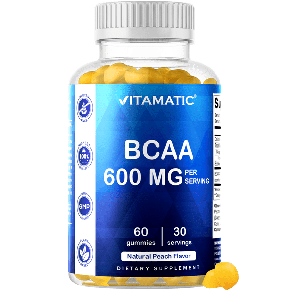 Vitamatic BCAA Gummies - Branch Chain Amino Acid Supplements - Peach Flavor - 600mg per Serving - 60 Vegan Pectin Based Gummies
